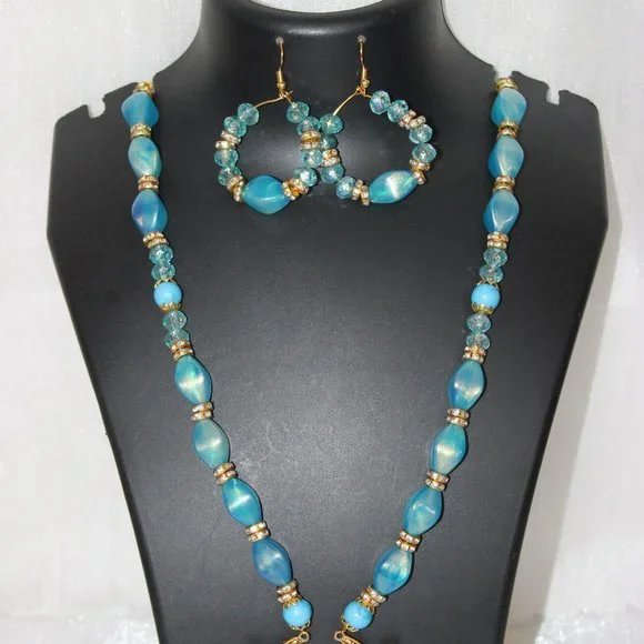 Bluestone Jewellery Set Skyblue Jewellery Set Blue Beads Long Necklace Set - Picture 2 of 2